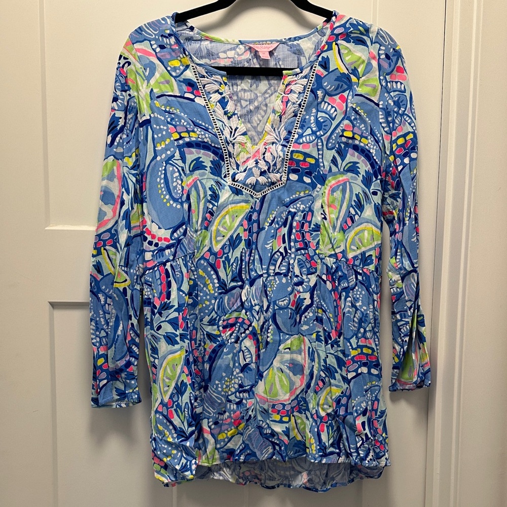 Lilly Pulitzer Blue Tropical V-Neck Tunic with Pink & Lime Accents
